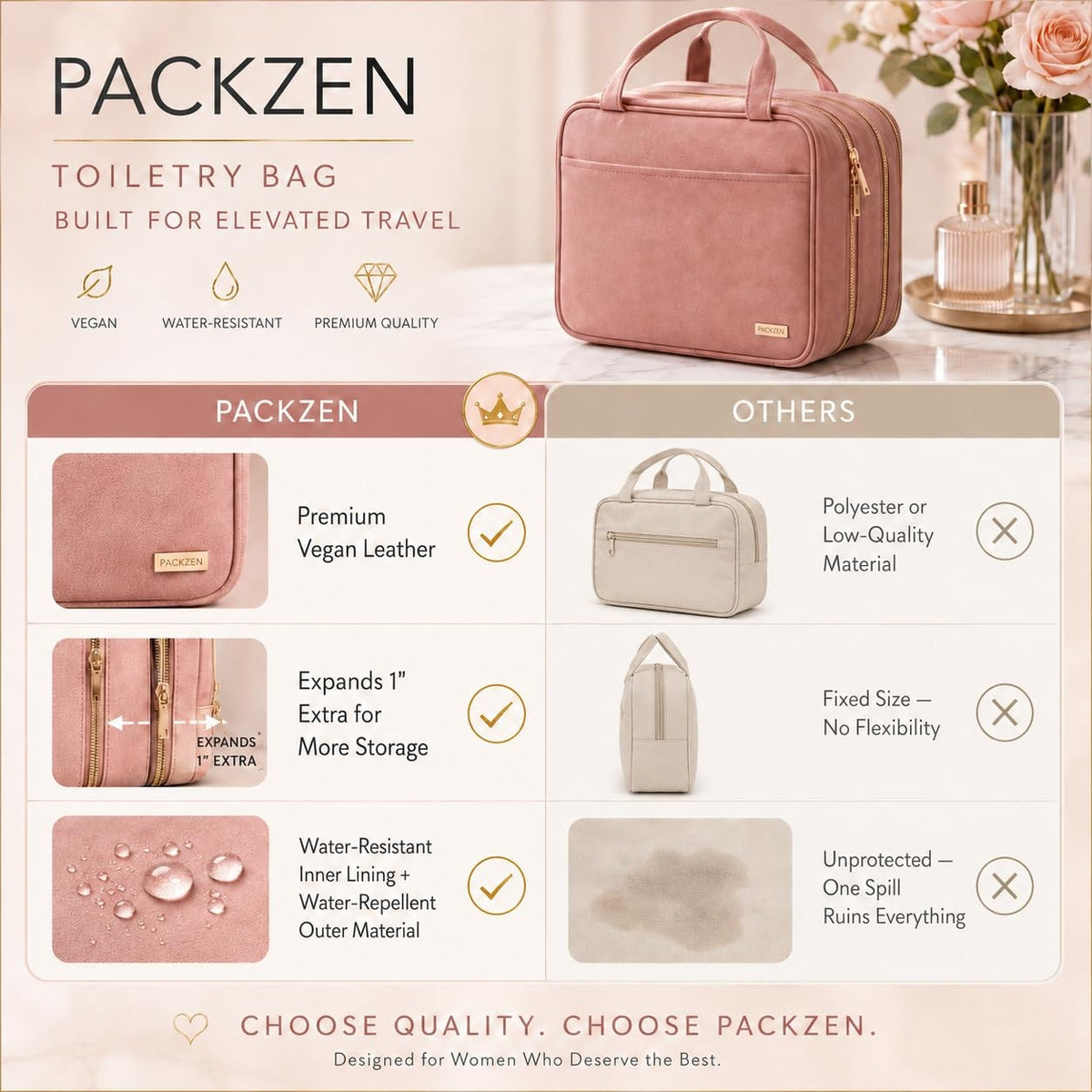Medium Pink Travel Toiletry Bag with Hanging Organizer for Women