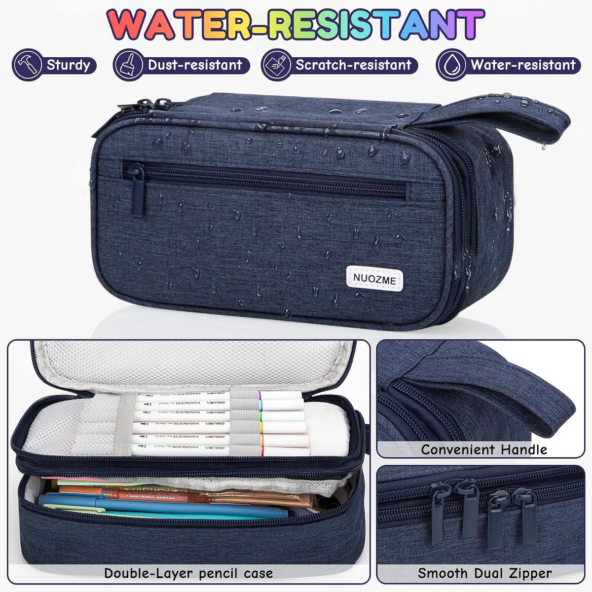 Large Capacity Double Layer Pencil Case with 5 Compartments and Zipper - Canvas Stationery Organizer