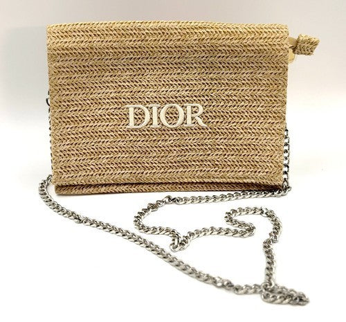 Straw Raffia Cosmetic Pouch with Silver Chain - Travel & Makeup Bag