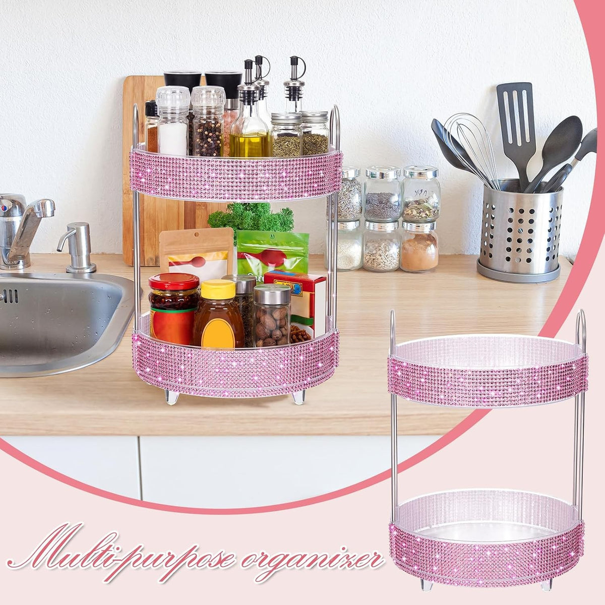 360 Rotating Rhinestone Perfume Organizer 2 Tiers Pink Diamond Display