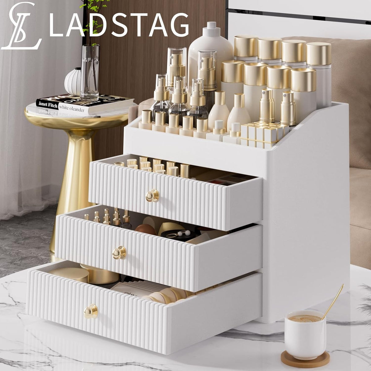 Luxury Skincare Organizer with 3-Tier Drawers - Beige & White Large Vanity Storage