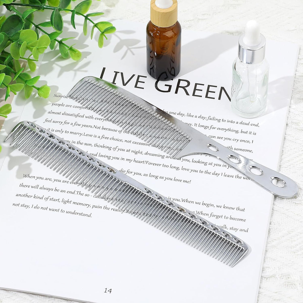 Metal Hair Comb Set - 2 Pcs Aluminum Styling Combs for Haircut and Styling, 8 Inches, Silver