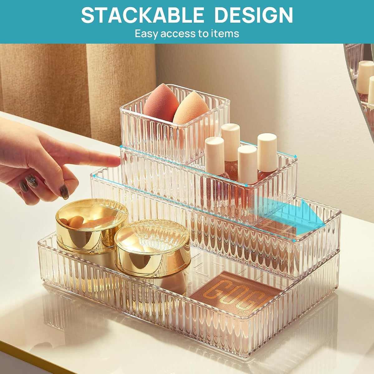 Clear Makeup Drawer Organizer Bins Set - 7 Pieces, 4 Sizes, Stackable Vanity Storage