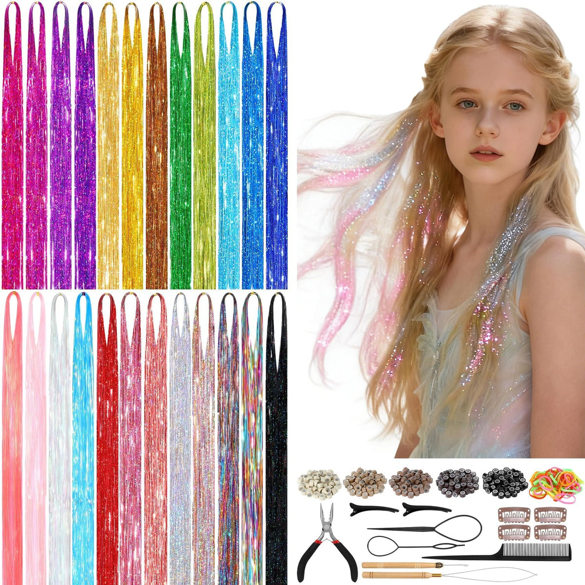 8400 STRANDS Hair Tinsel Kit for Girls, 24 Colors-8400