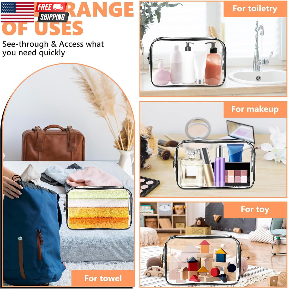 Clear Travel Makeup Bag - TSA Approved PVC Cosmetic Organizer - Multi-Size