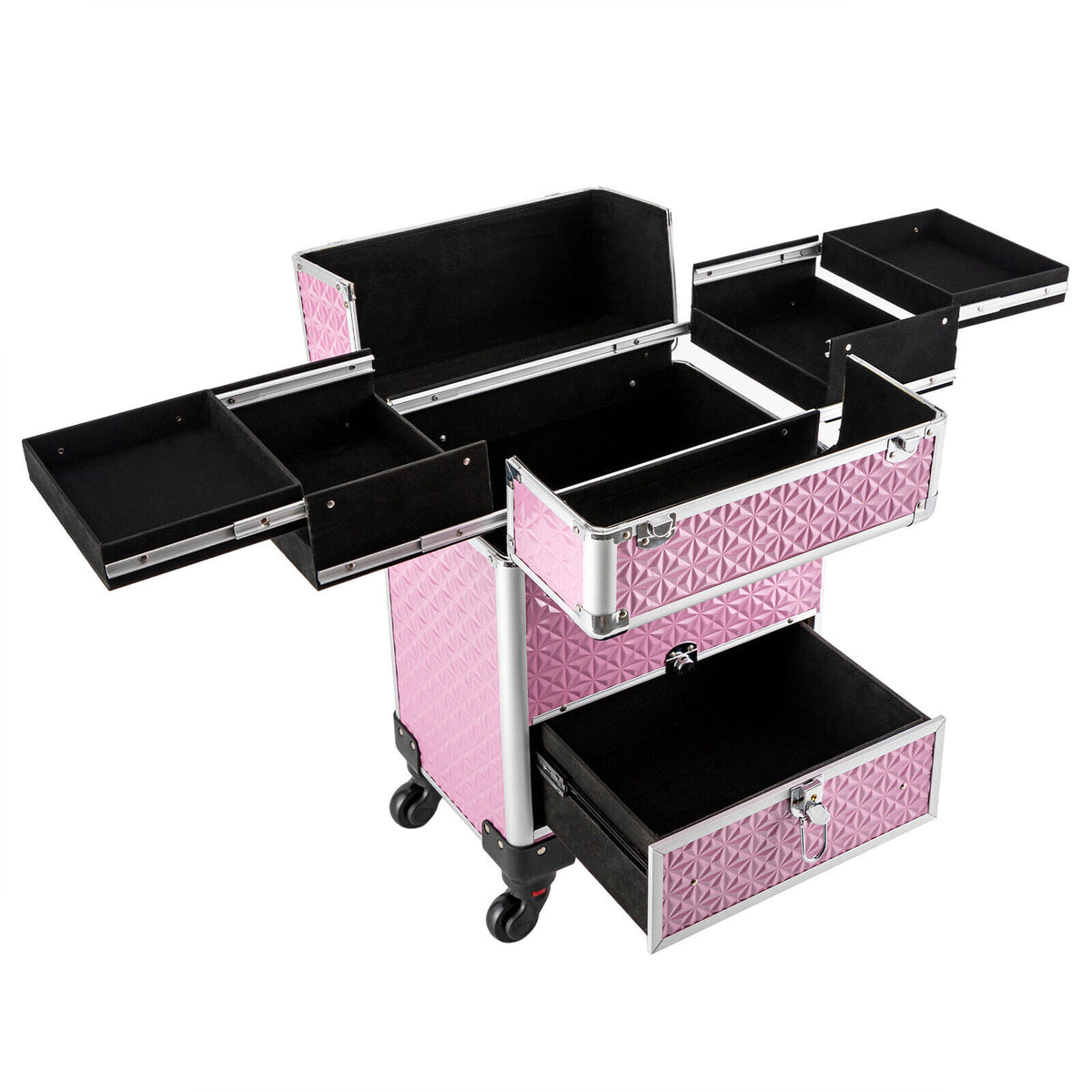 Pink Aluminum Makeup Train Case with 7 Compartments & Wheels