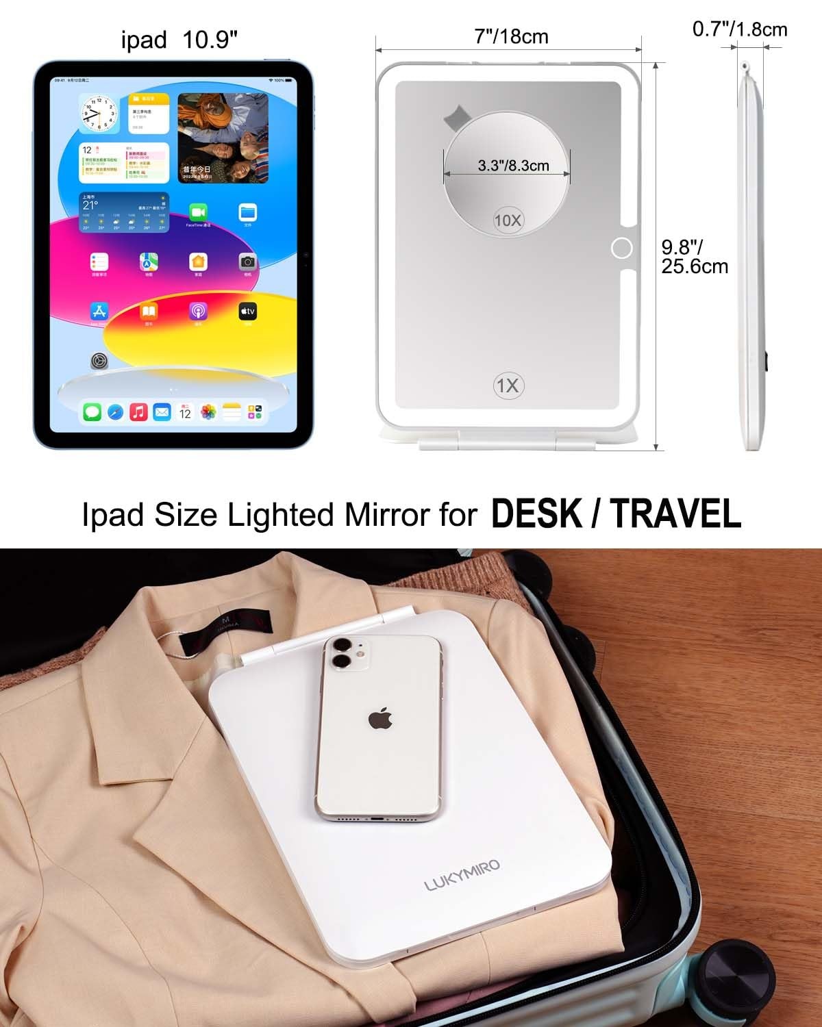 Lighted Makeup Mirror with 10X Magnification, 10x7 Inch Travel Vanity with 3 Dimmable LED Colors