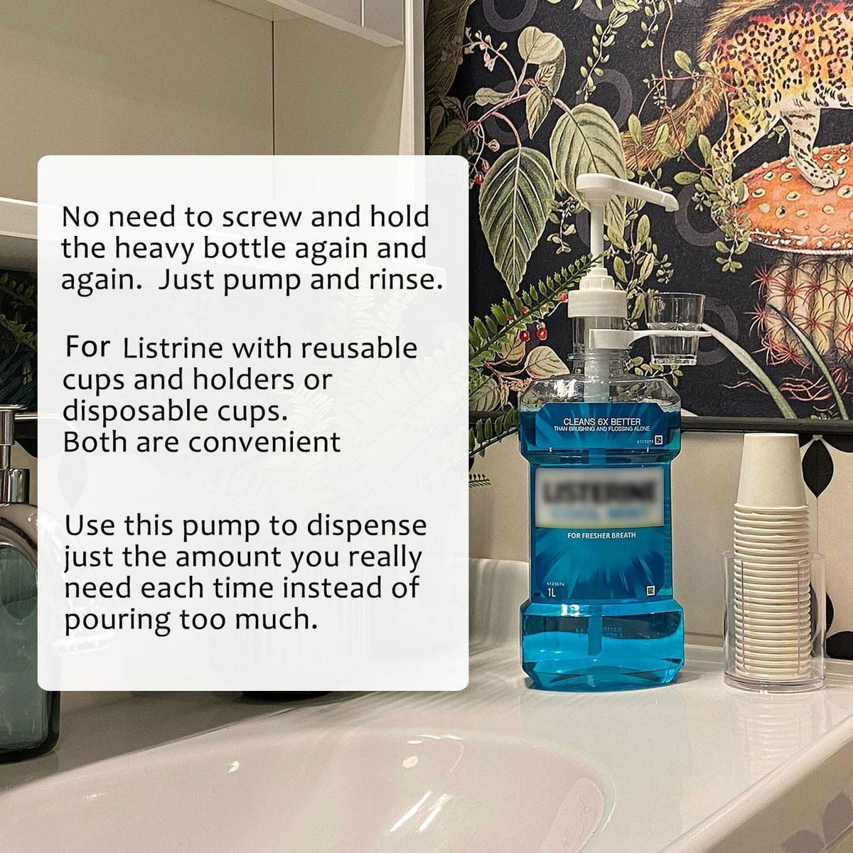 Mouthwash Dispenser Pumps for 1.5L Bottles with Cup Holders - Reusable & BPA-Free