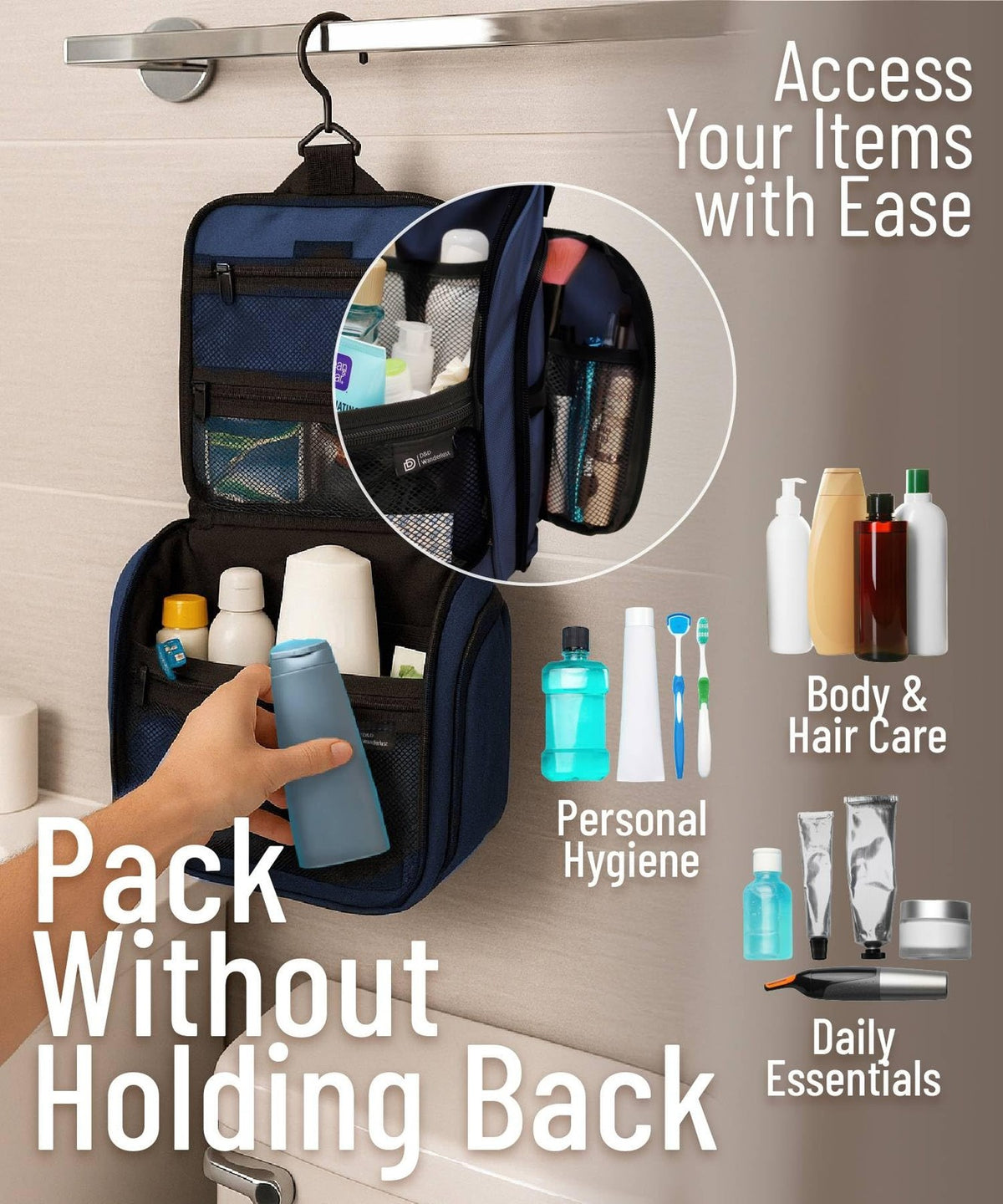 Travel Toiletry Bag with 10 Compartments Water-Resistant Hanging Organizer