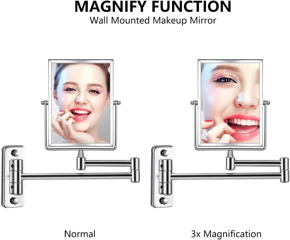 3X Magnifying Wall Mounted Vanity Makeup Mirror - 8x6 Inch Adjustable Chrome Frame