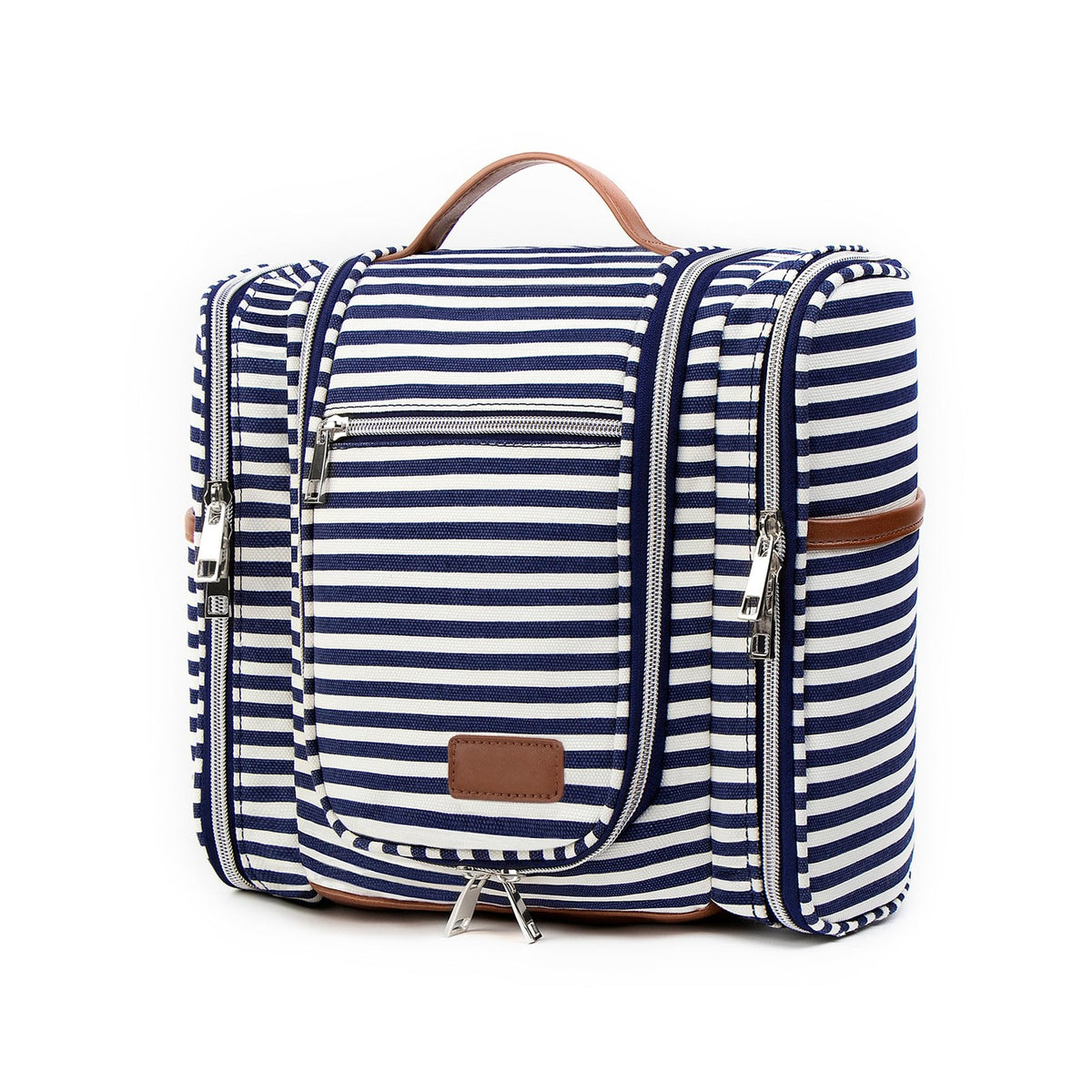 Large Hanging Travel Toiletry Bag with Water-Resistant Organizer - Navy Striped