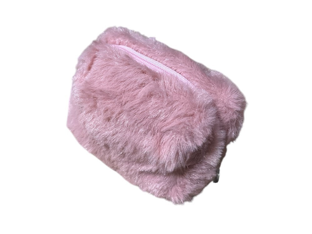 Pink Faux Fur Mini Cosmetic Bag with Zipper & Key Ring - 4.5 Inch