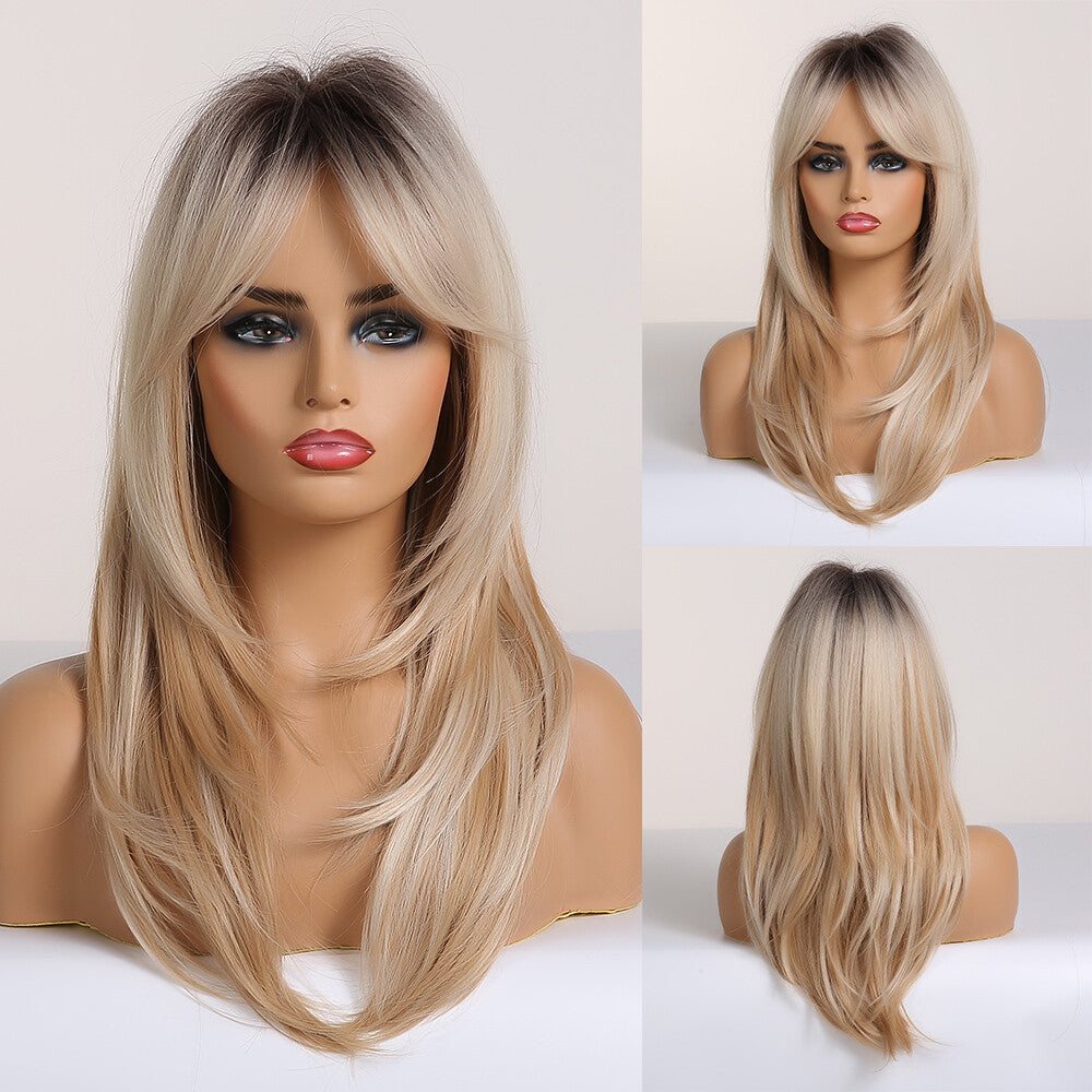 Long Layer Ombre Brown Blonde Wigs for Women with Bangs - Comfortable & Natural Look