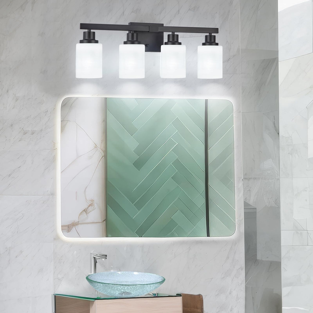 4-Light Matte Black Bathroom Vanity Light with White Glass Shades