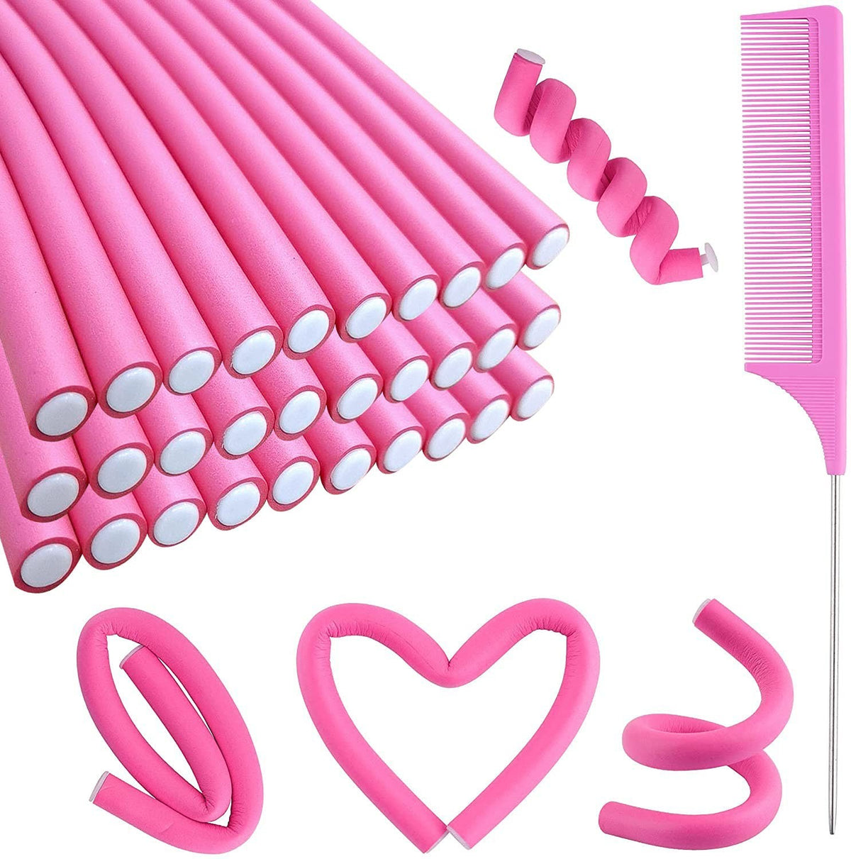 Heatless Flexi Rod Set with Steel Comb for Effortless Curls - 30 Pieces