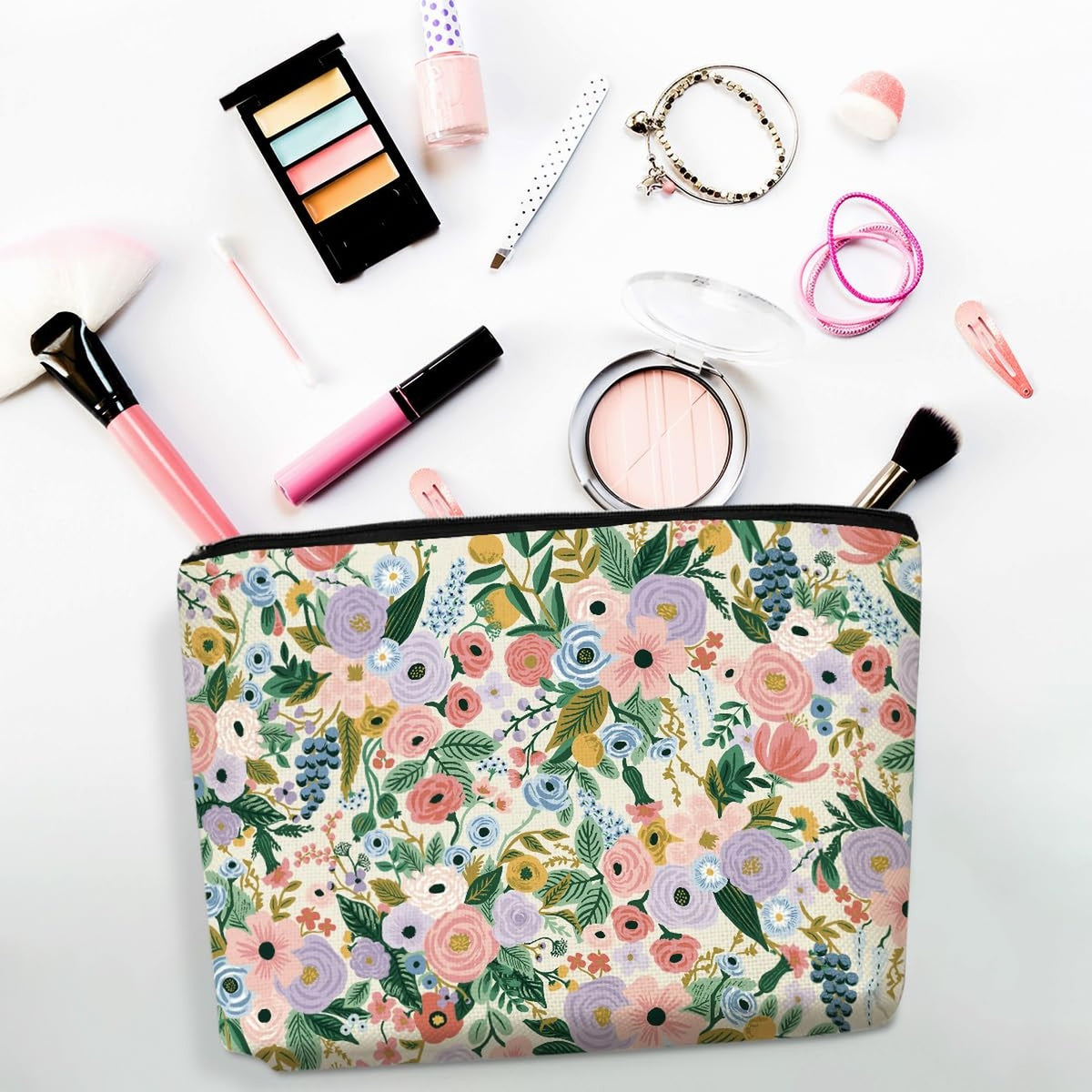 Retro Garden Rose Floral Makeup Bag - Cosmetic Travel Organizer for Women & Girls