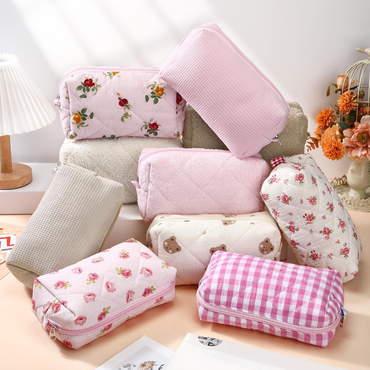 Quilted Cotton Makeup Bags Set - 10 Pcs Floral Cosmetic Pouches for Women & Bridesmaids