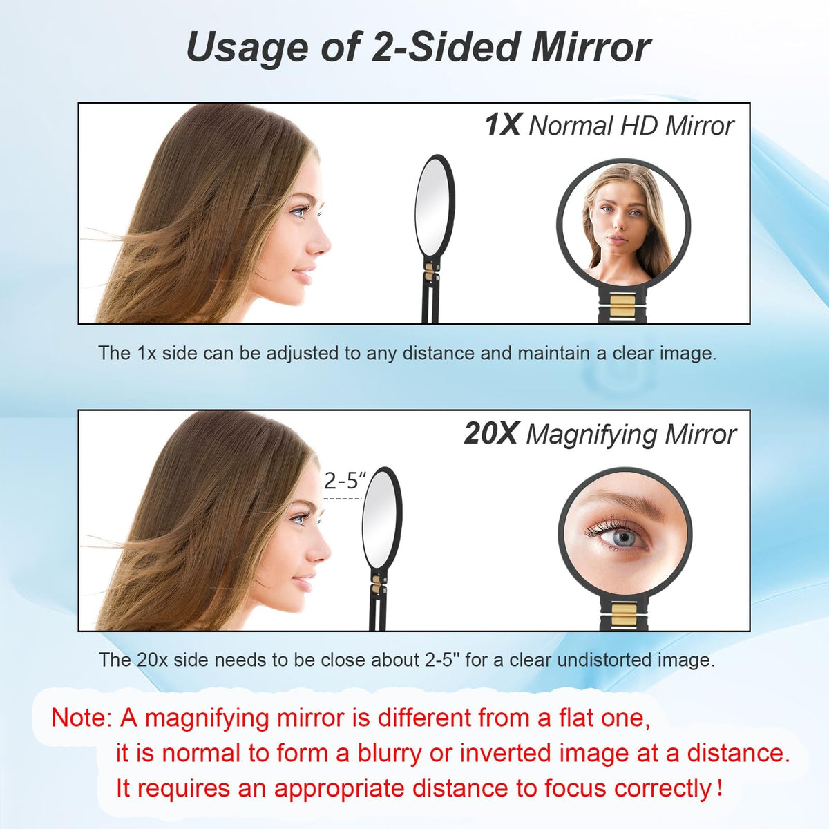20x Magnifying Travel Handheld Mirror with Foldable Handle Black