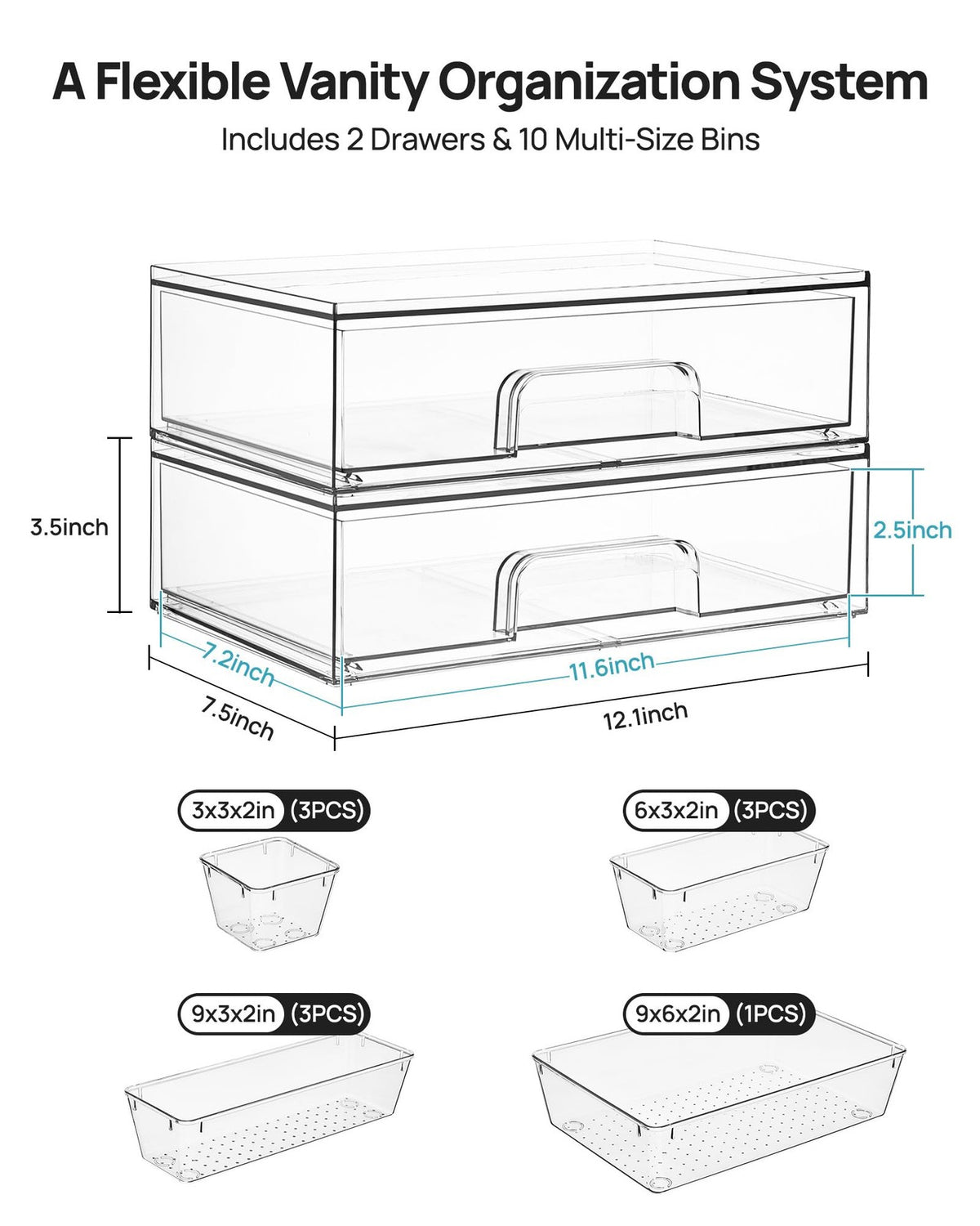 12 Pack Clear Makeup Organizer Set for Vanity and Bathroom Counter