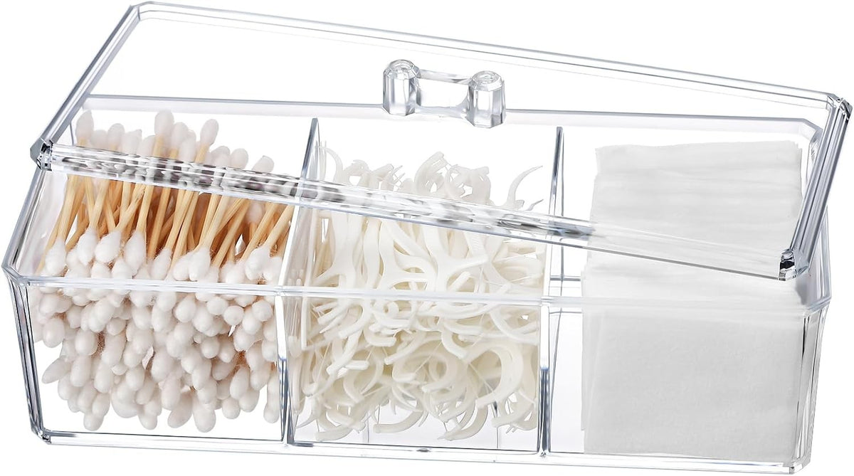 Acrylic Qtip Holder with 3 Compartments Bathroom Organizer, Cotton Swab & Ball Dispenser