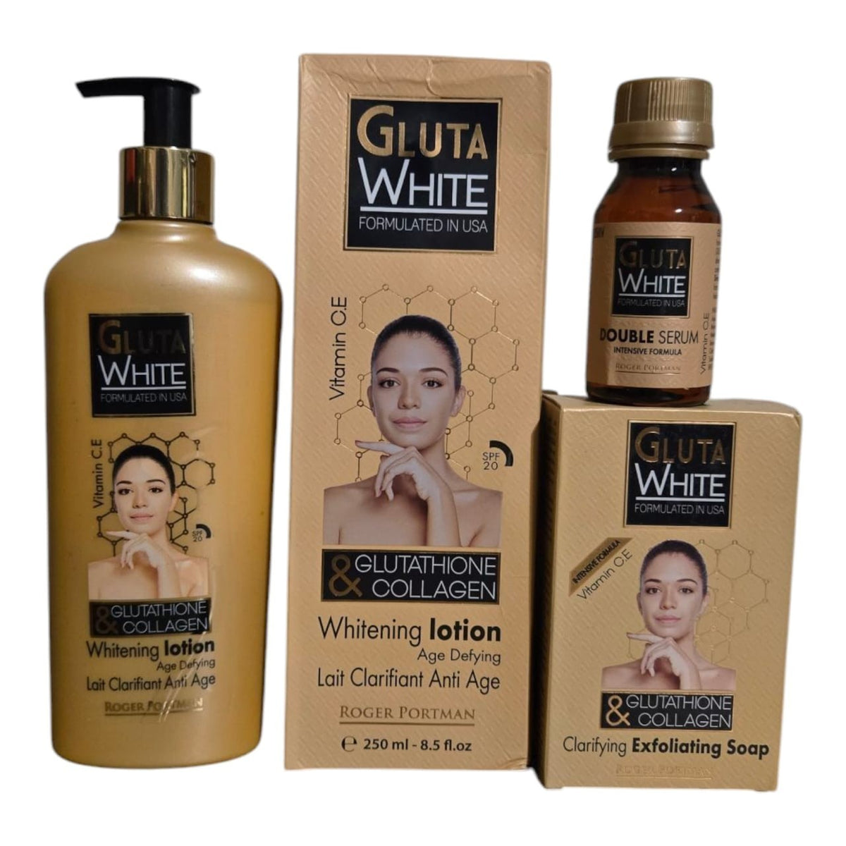 Gluta White Age Defying Glutathione Collagen Lotion Set 250ml with Soap Serum & Cream