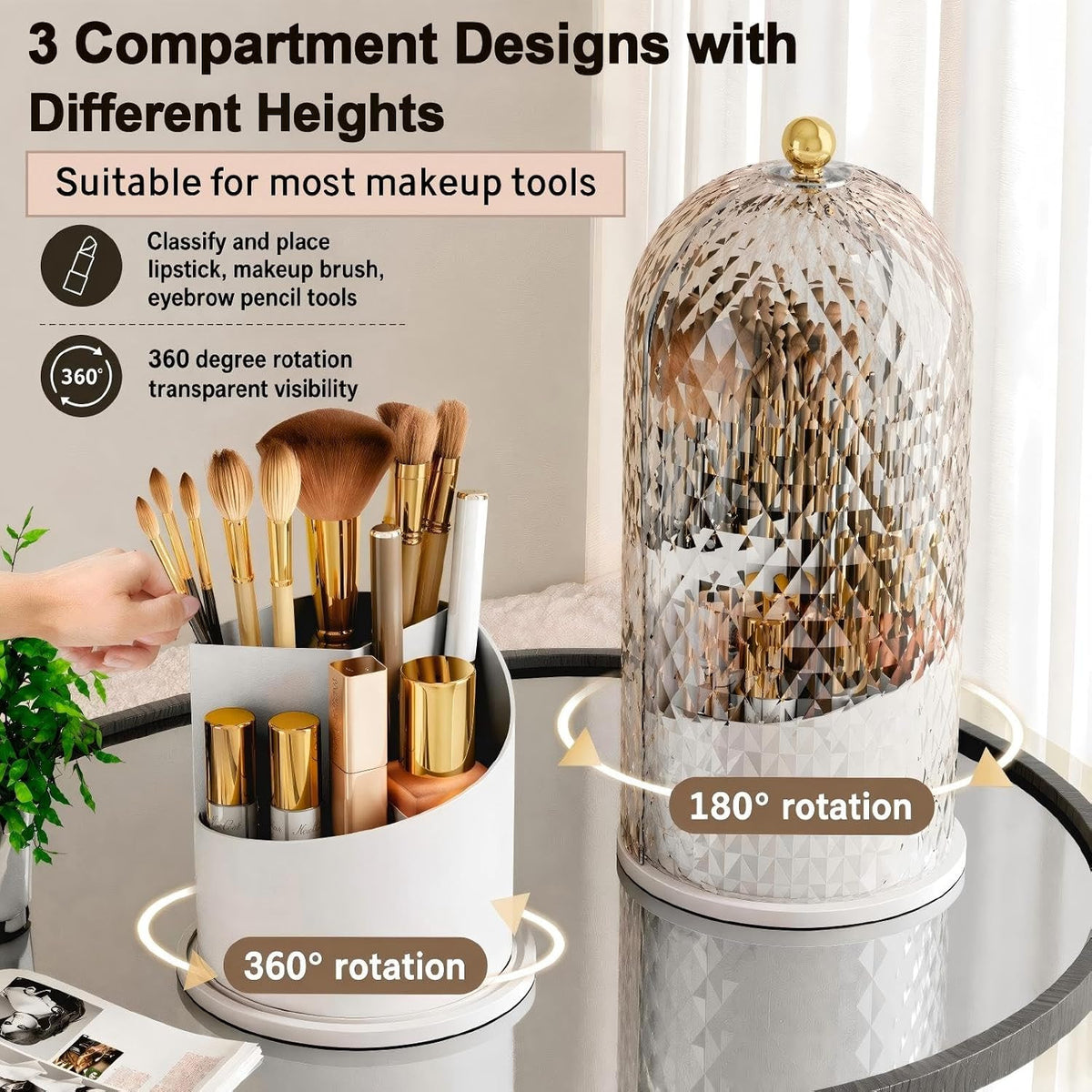 360 Rotating Makeup Brush Holder with Lid, Waterproof Dustproof Organizer