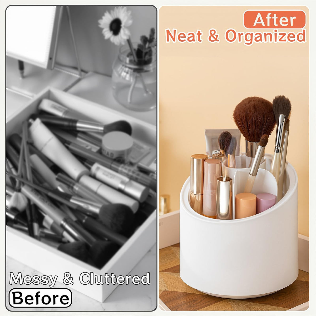 Rotating Makeup Brush Organizer with 6 Compartments - Dustproof Beauty Storage