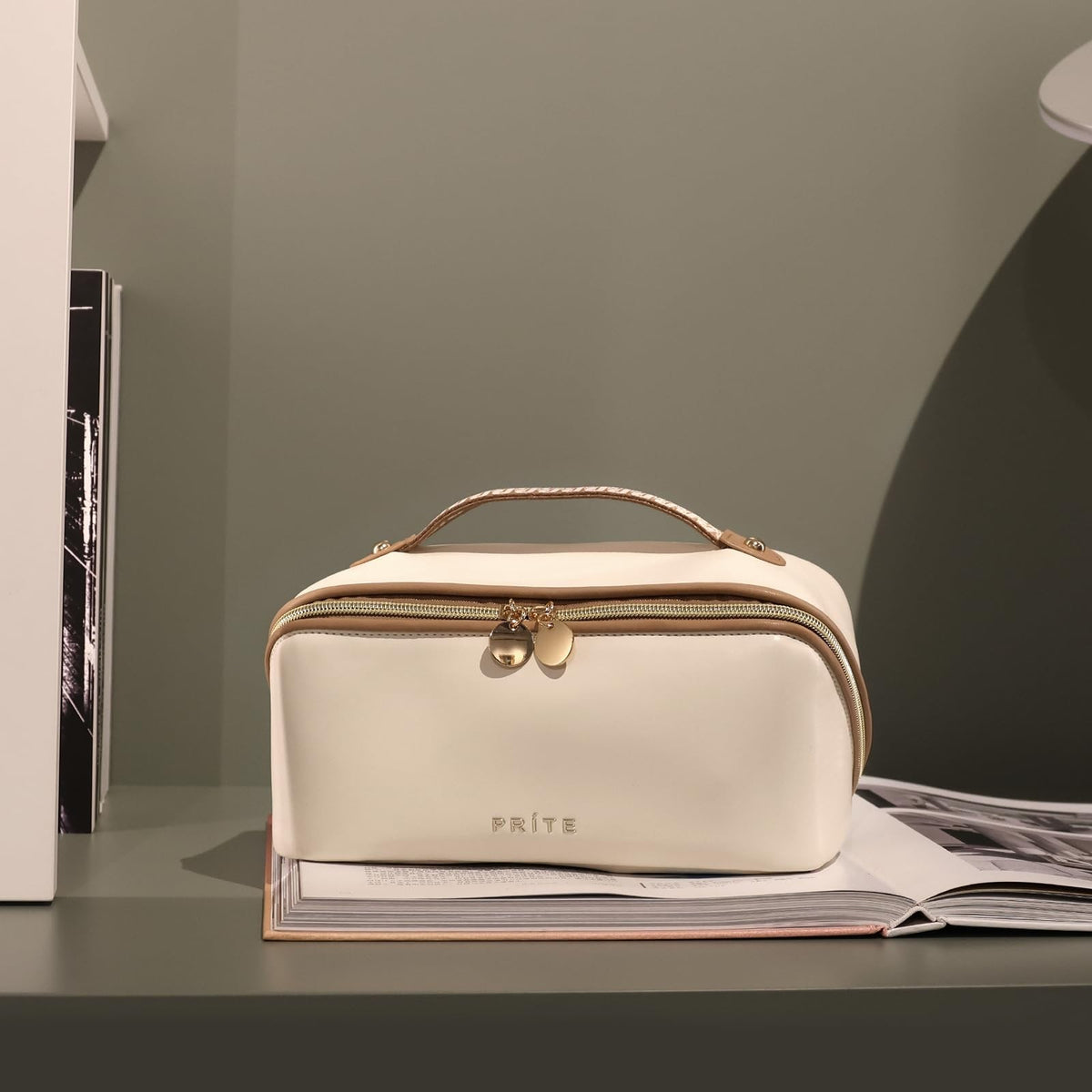 Waterproof Vegan Leather Makeup Bag for Women Travel Medium Beige