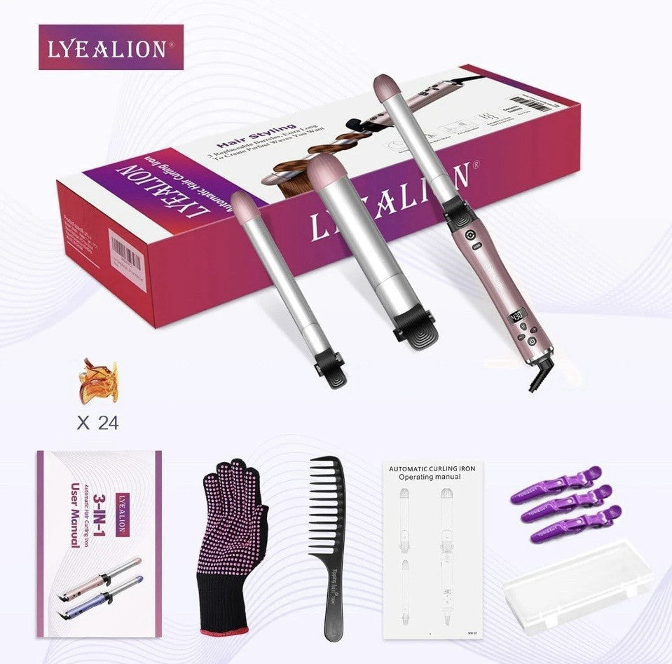 Lyealion 3-in-1 Automatic Hair Curling Iron with Replaceable Barrels - Pink