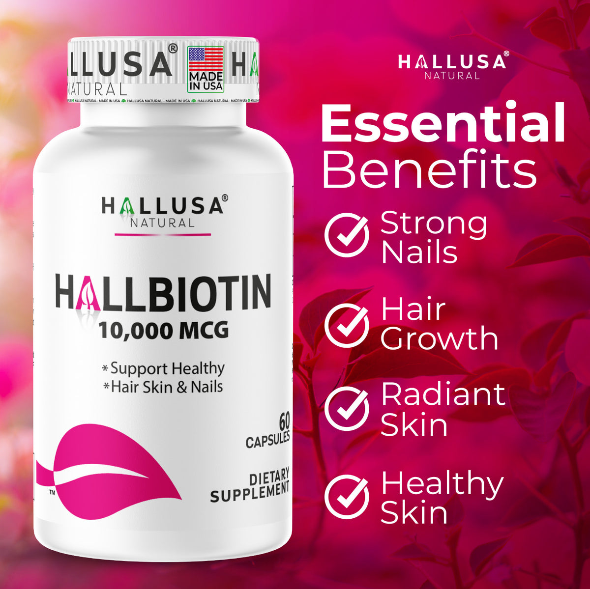 High Potency Biotin 10,000 mcg for Hair Growth Nails Skin Support - 60 Capsules