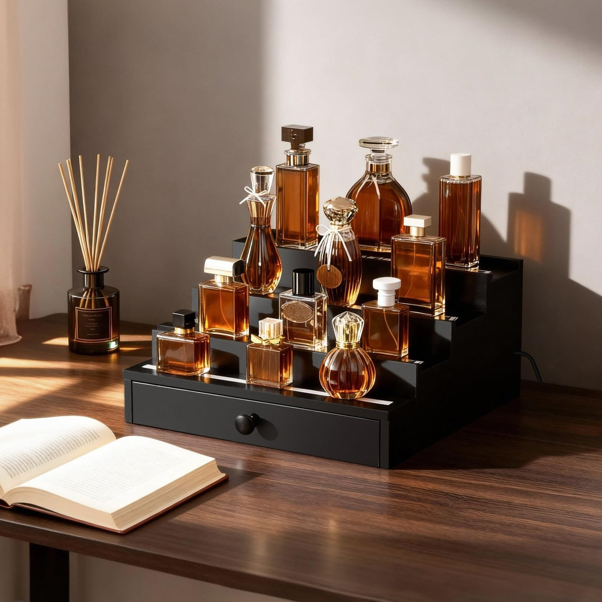 LED Lighted Perfume Organizer for Men with Remote Control and Drawer