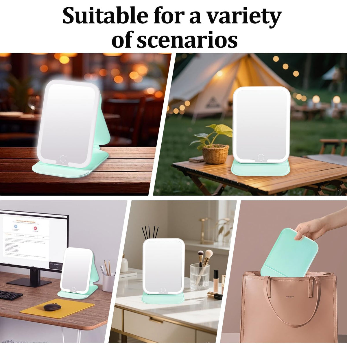 Rechargeable LED Makeup Mirror with 3 Color Touch Light Portable Vanity Light Green