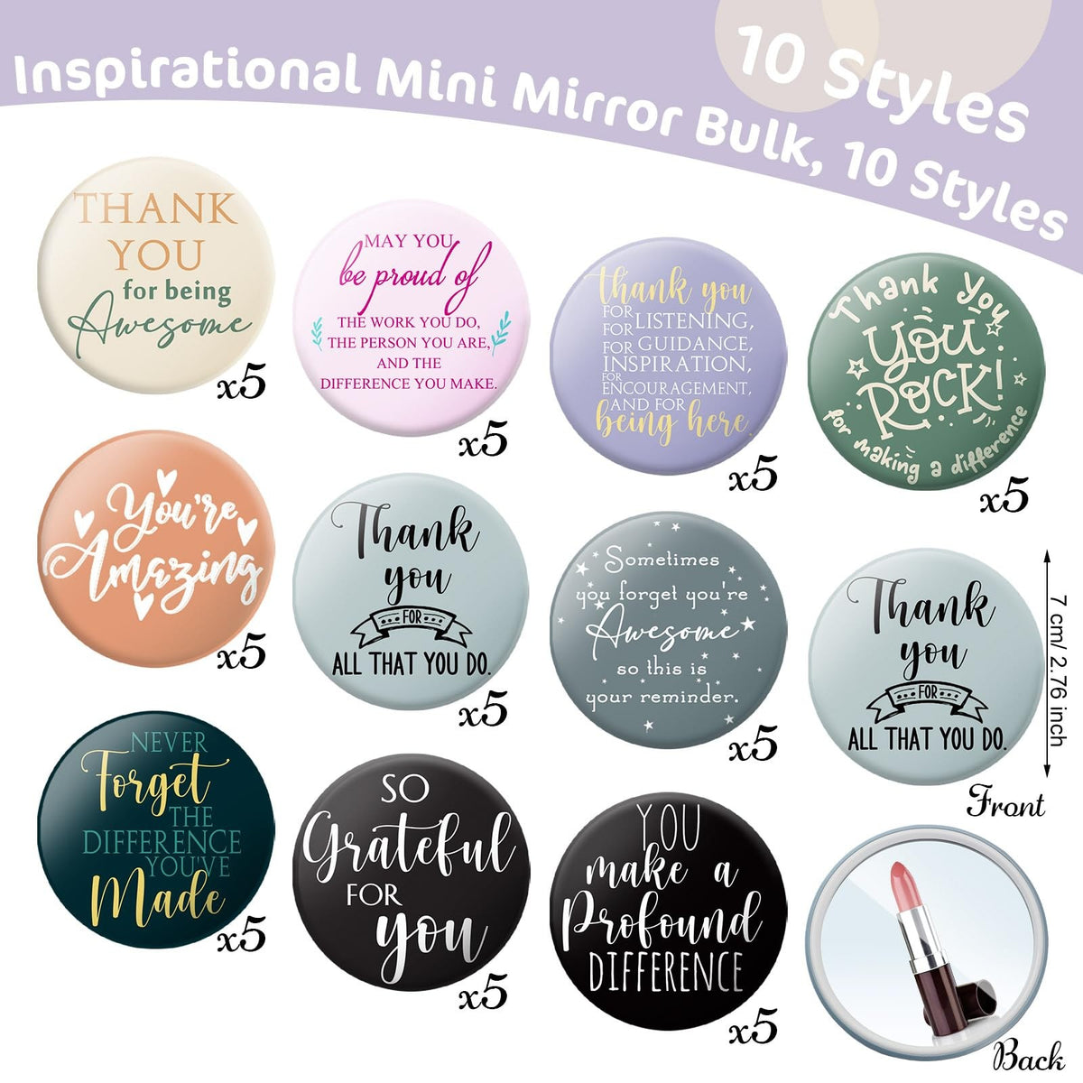 50 Pcs Inspirational Compact Mirrors Bulk, 2.76 Inch Round Pocket Hand Mirrors for Women and Employees