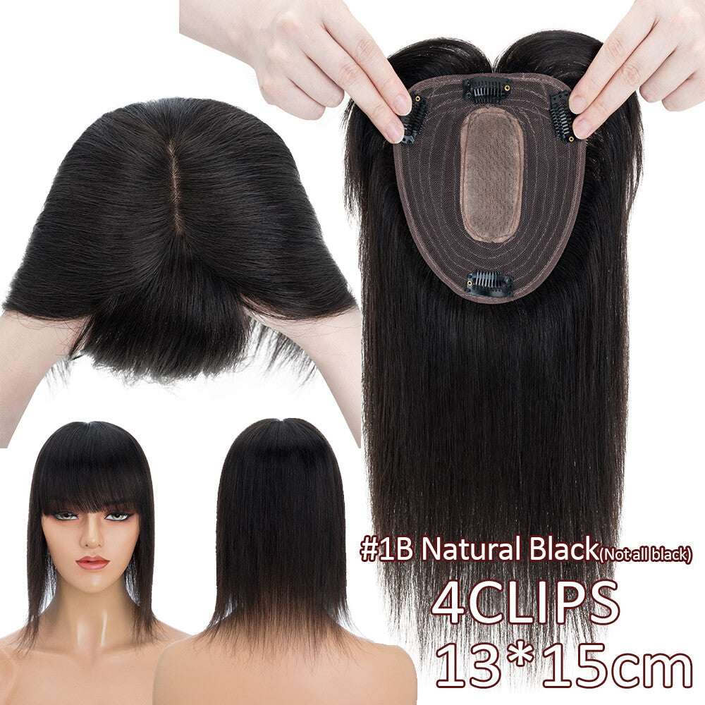 Remy Human Hair Topper with Bangs - Clip-In Hairpiece for Thinning Hair