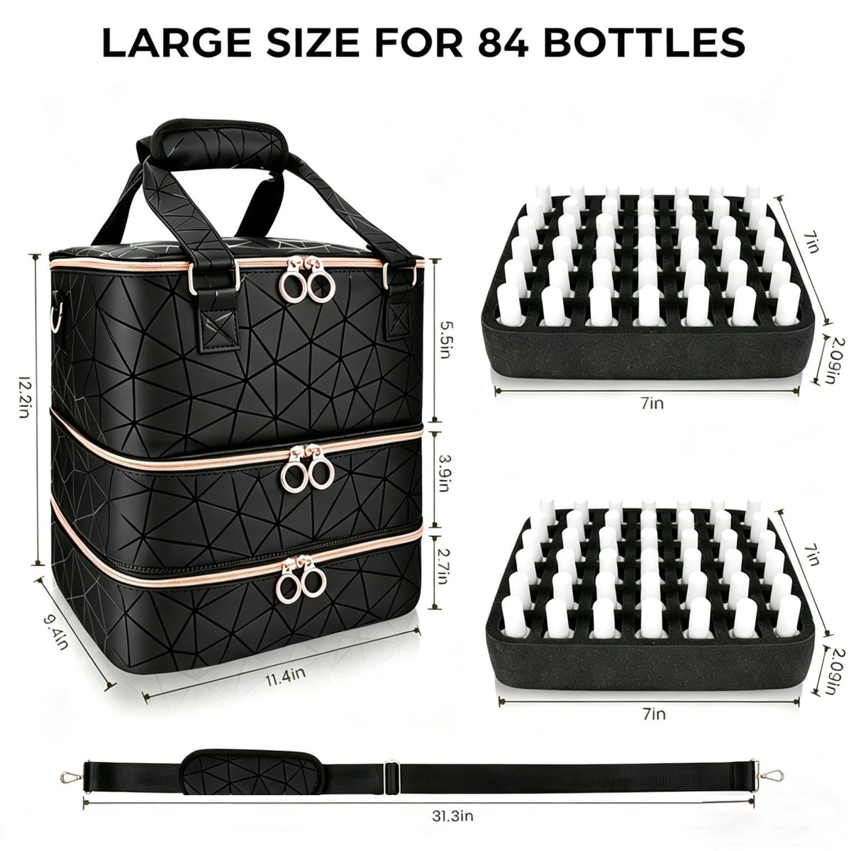 Nail Polish Organizer Bag for 84 Bottles & Lamp, 3-Layer Portable Storage Case