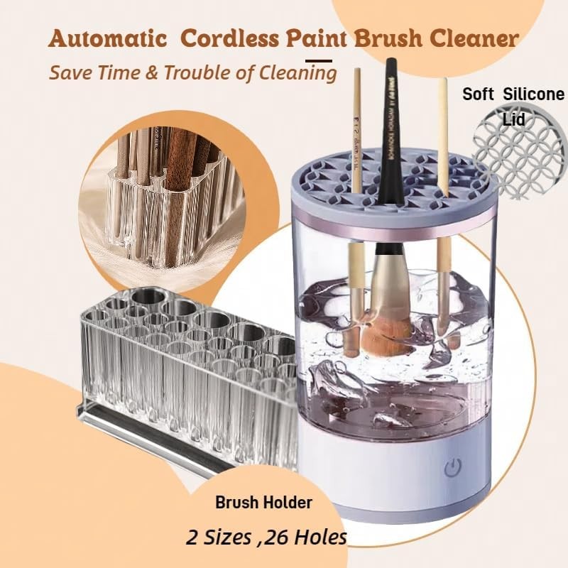 Electric Paint Brush Cleaner Rinse Cup - Cordless Auto Brush Washer with 26-Slot Holder