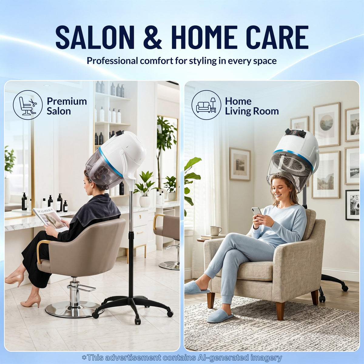 Pro Hooded Hair Dryer Adjustable Bonnet Stand Up with Wheels White