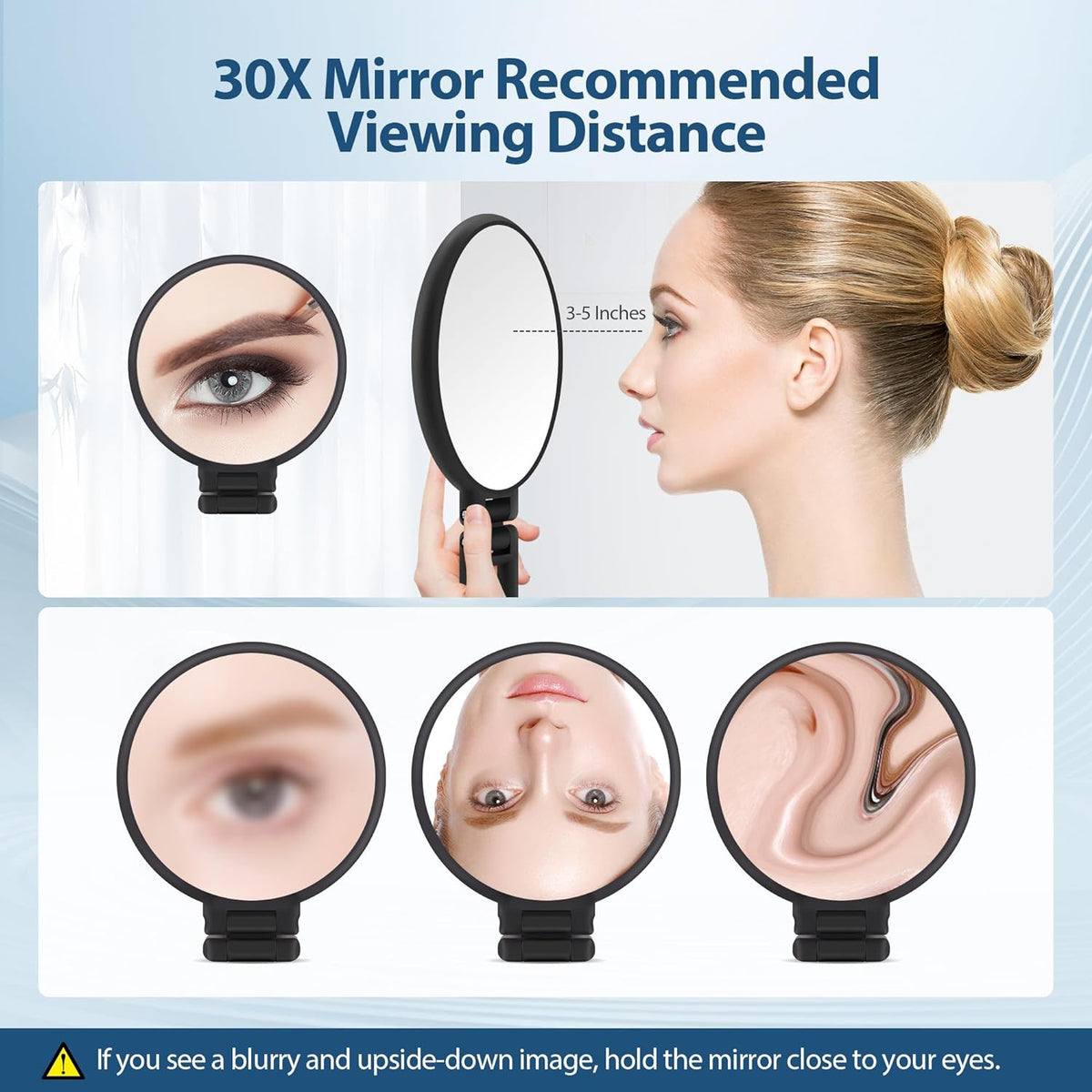 30X Magnifying Hand Mirror with Handle - Double-Sided Travel Makeup Mirror