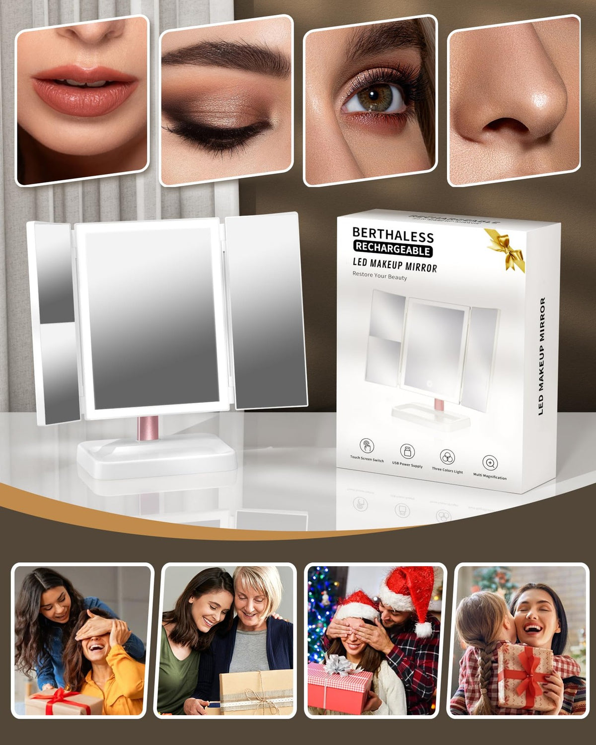 Lighted Makeup Mirror with Lights and 3X Magnification - Rechargeable Vanity Mirror with Touch Control and 90° Swivel
