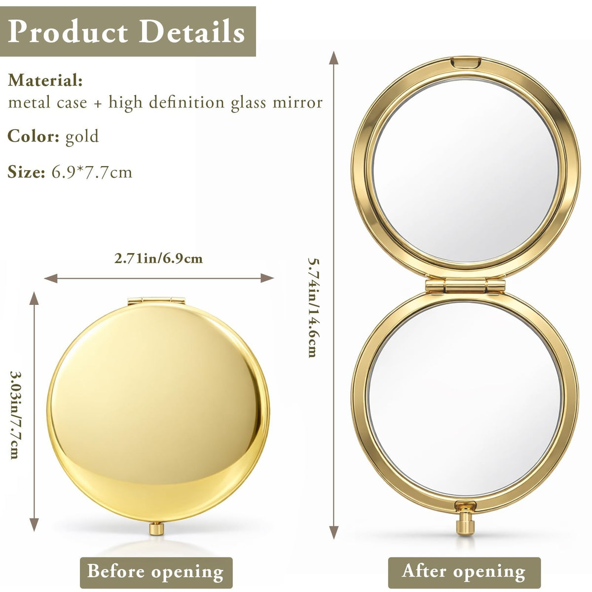 Gold Compact Pocket Mirror Set, 2PCS Double-Sided Folding Makeup Mirrors