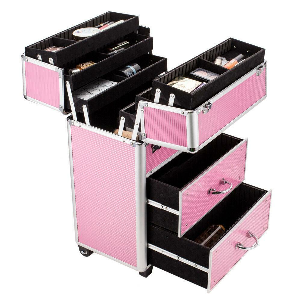 Large Extendable Makeup Train Case with Lockable Compartments & Trolley