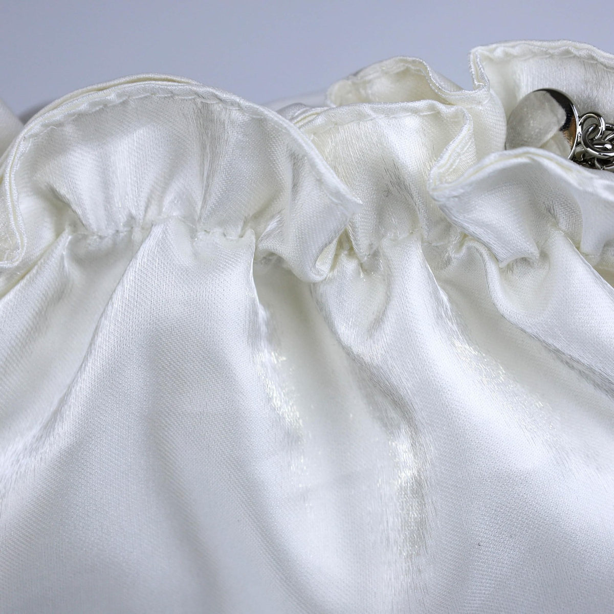 White Satin Bridal Cosmetic Bag with Blue Embroidery and Pearl Zipper