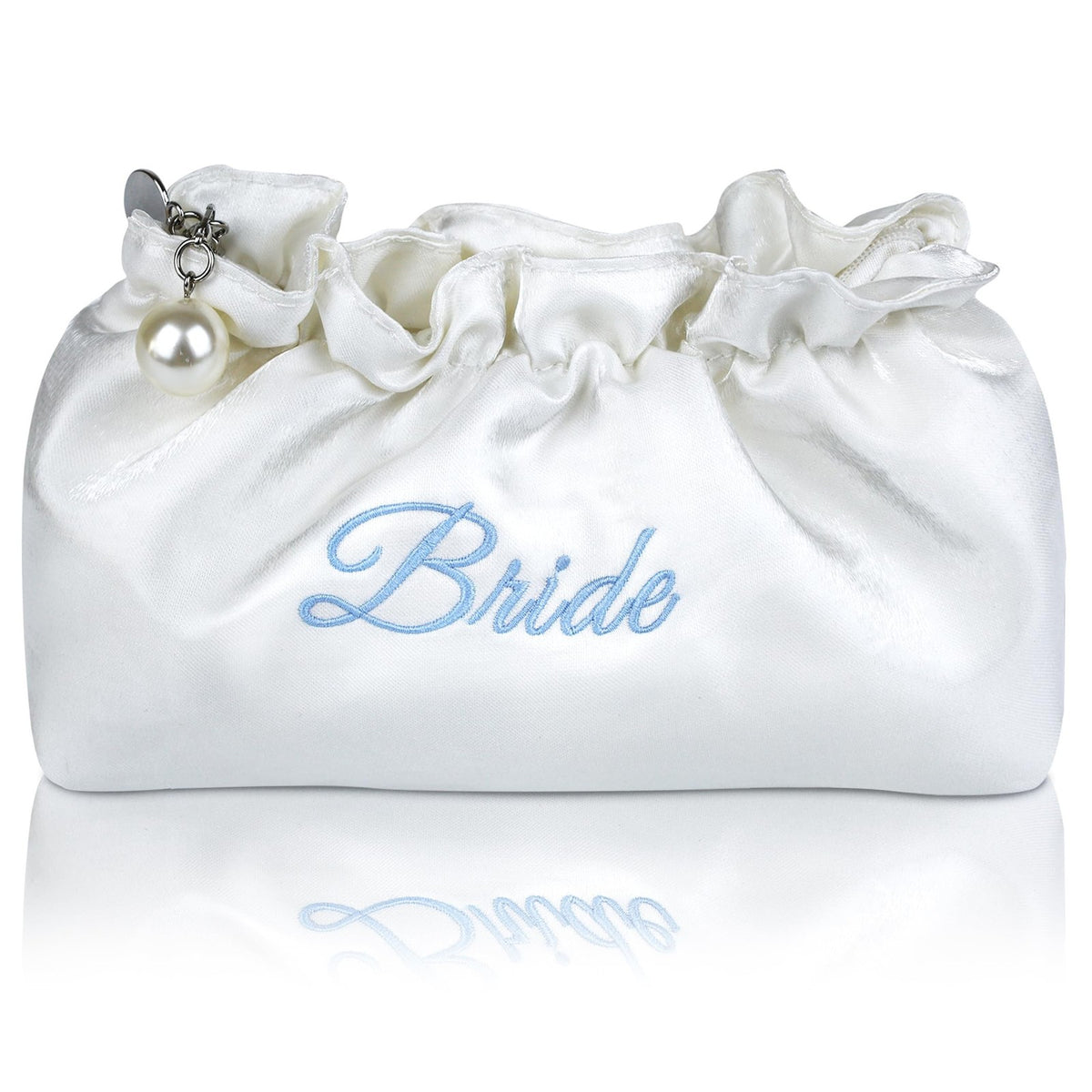 White Satin Bridal Cosmetic Bag with Blue Embroidery and Pearl Zipper