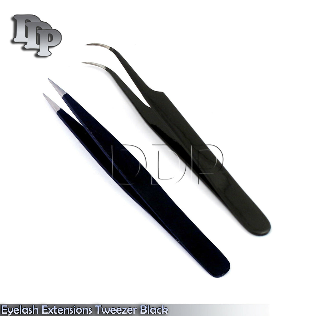 Eyelash Extension Tweezers Set - Straight & Curved Black Stainless Steel