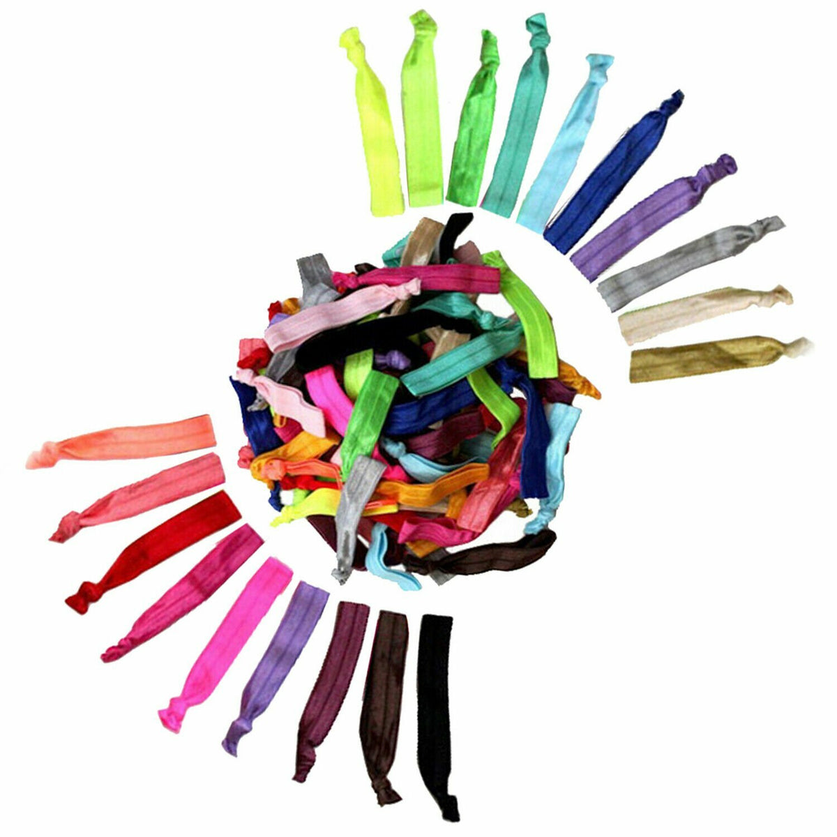 Rainbow No-Damage Ribbon Hair Bands (60 Ties)--Stretchy Elastic