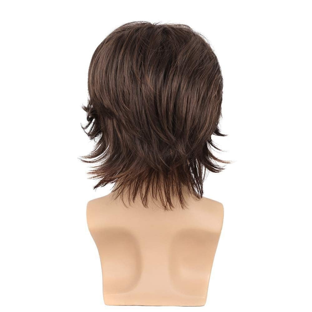 Mens Brown Short Layered Wavy Heat-Resistant Synthetic Wig for Cosplay & Casual