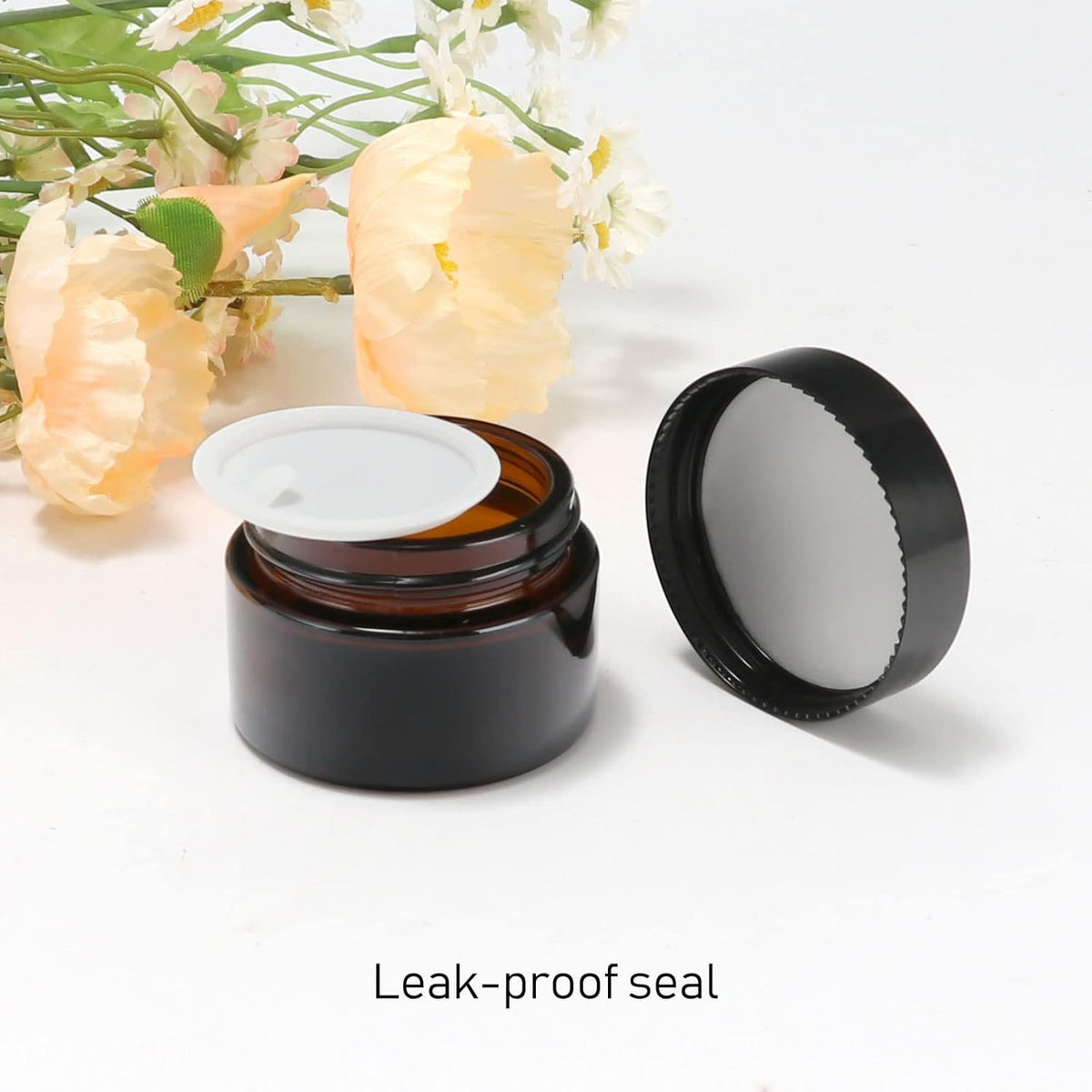 24 Pack 1 oz Amber Glass Cosmetic Jars with Black Lids and Labels
