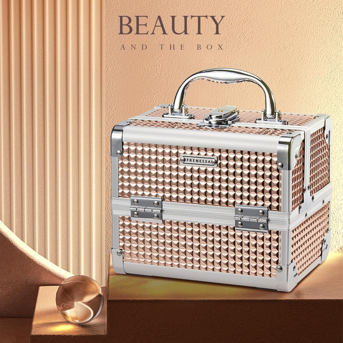 Rose Gold Makeup Organizer Case with Mirror Lockable Portable Storage