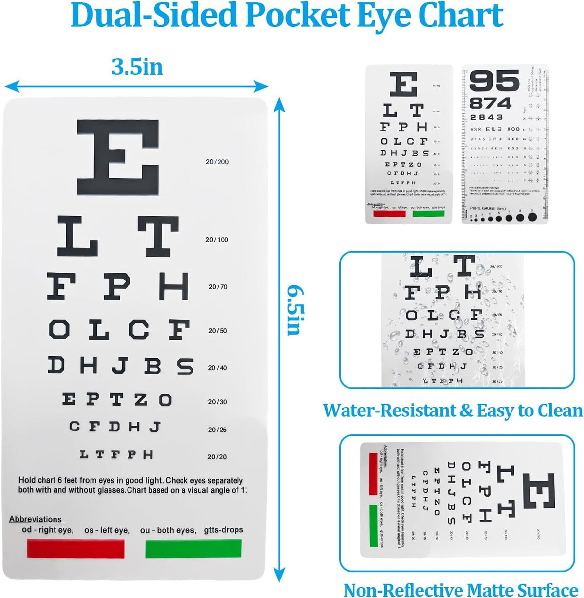 Pocket Eye Chart Dual-Sided Snellen Rosenbaum Vision Tester for Home & Office Use