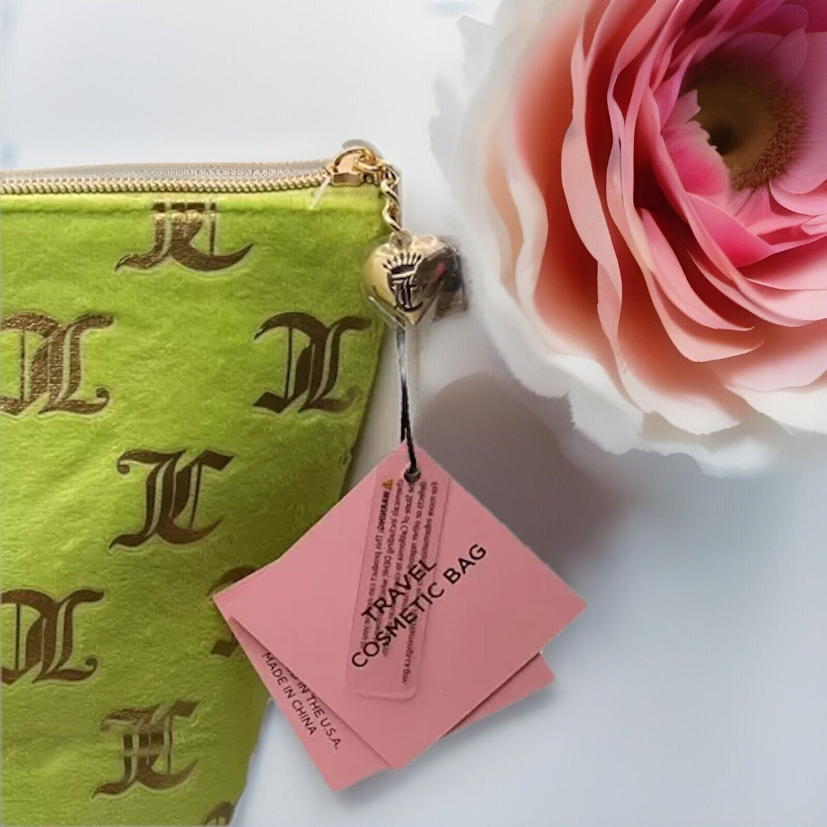 Neon Green Travel Cosmetic Bag with Gold Logo - Juicy Couture Velour